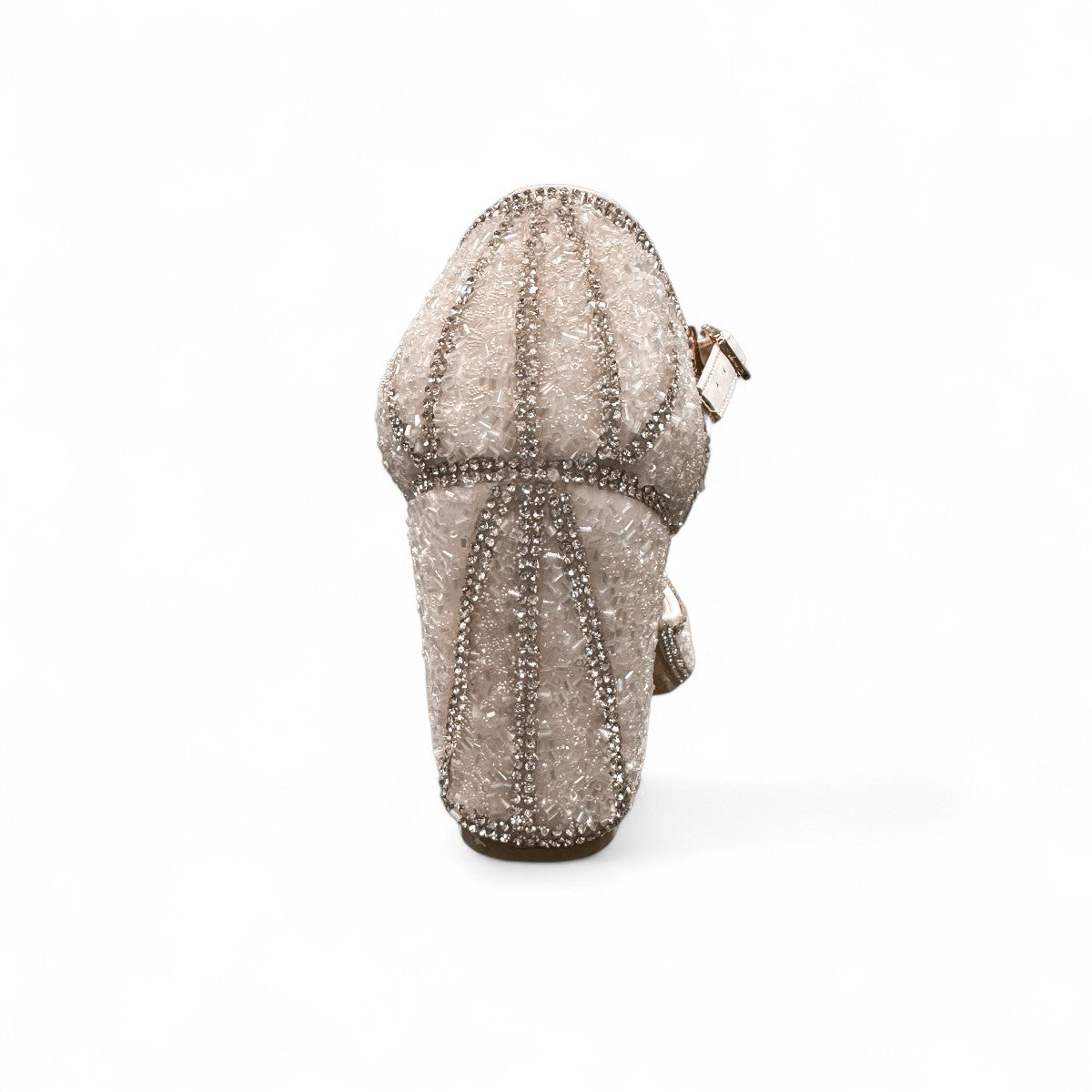 Nikpa lalala white synthetic bridal heels with intricate rhinestone detailing and an ankle strap in a ballroom