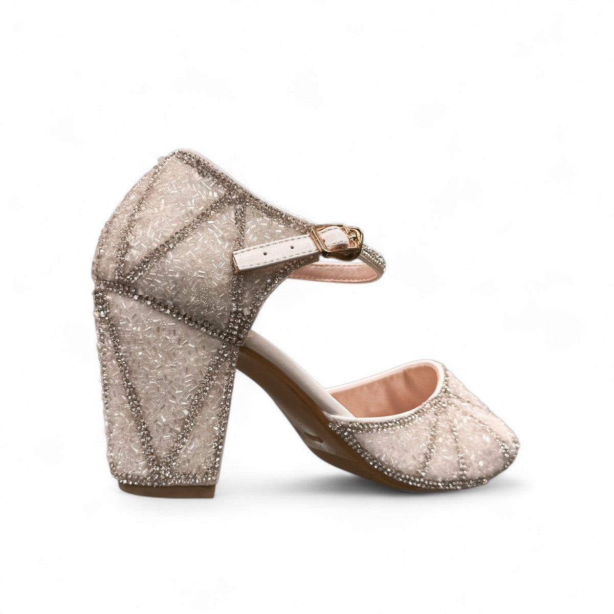 Nikpa lalala white synthetic bridal heels with intricate rhinestone detailing and an ankle strap in a ballroom