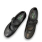 ORTHO-FLEX-F7108L black genuine leather Mary Jane shoe with an adjustable strap, metallic accent, and block heel.
photo of the top side