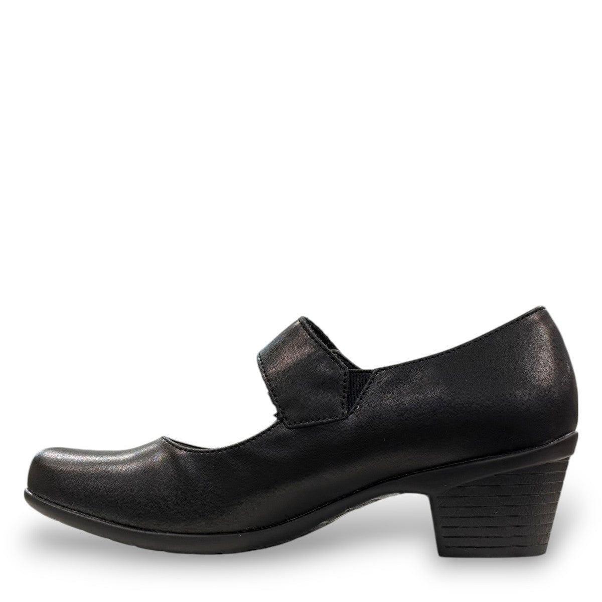 ORTHO-FLEX-F7108L black genuine leather Mary Jane shoe with an adjustable strap, metallic accent, and block heel.
photo of the left side