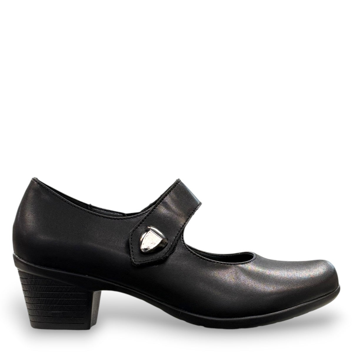ORTHO-FLEX-F7108L black genuine leather Mary Jane shoe with an adjustable strap, metallic accent, and block heel.
photo of the right side
