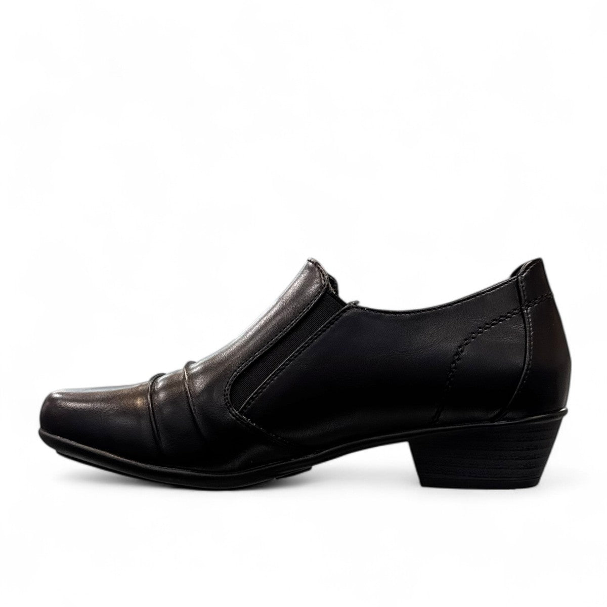 Ortho Flex black low-cut dress shoe with side zipper detail and a short block heel.
photo of the left side