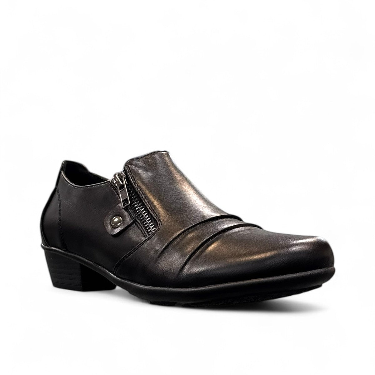 Ortho Flex black low-cut dress shoe with side zipper detail and a short block heel.
photo of the front side