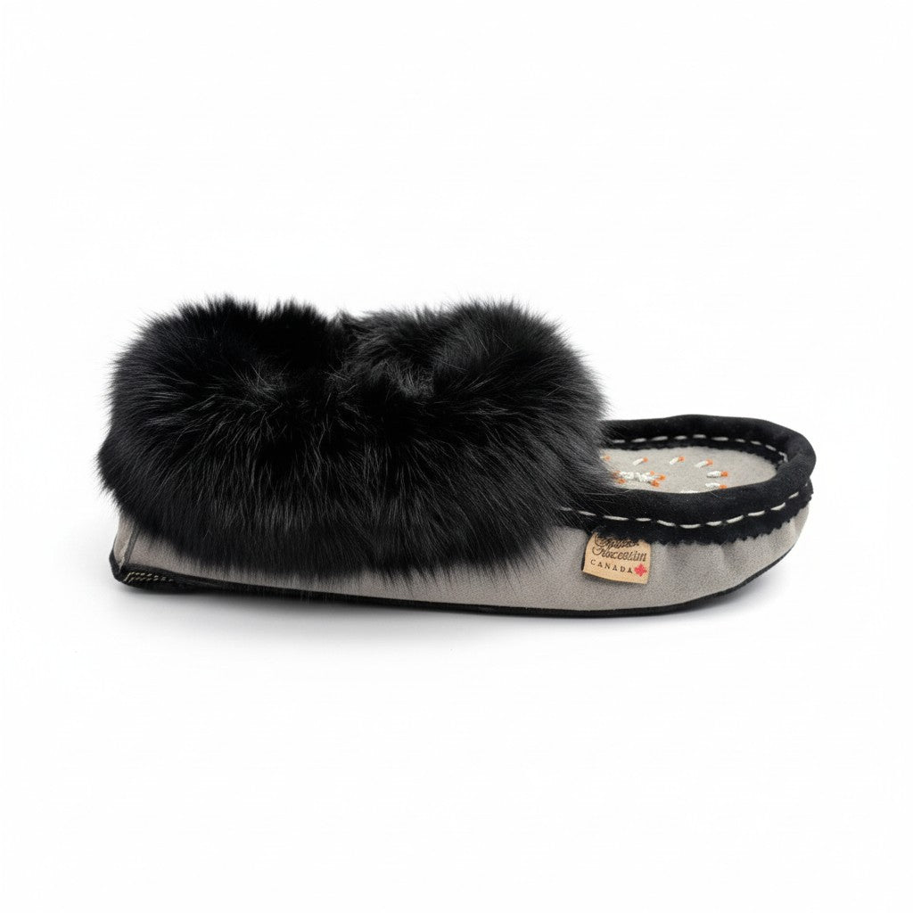 ALBERTA SUEDE MOCCASIN - GREY/BLACK FUR