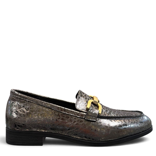Roamers Macie pewter leather loafer with a metallic finish, gold-tone bit detail, and rubber outsole.