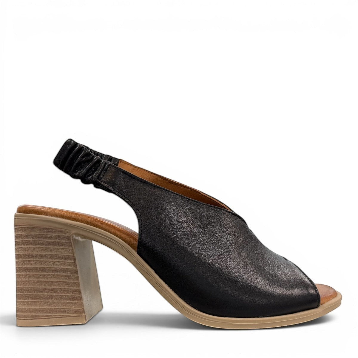 Roamers Qiana black leather open-toe slingback sandals with a 3-inch block heel and elasticated strap.
photo of the right side