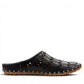 Roamers black leather slip-on mules with perforated cutouts and contrast stitching on a rubber sole.
photo of the right side