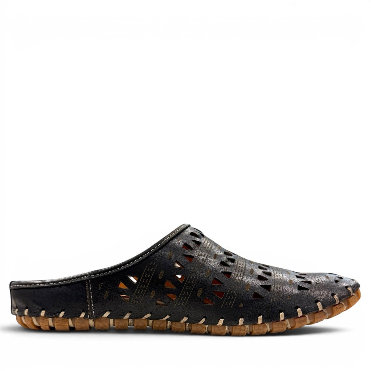 Roamers black leather slip-on mules with perforated cutouts and contrast stitching on a rubber sole.
photo of the right side