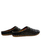 Roamers black leather slip-on mules with perforated cutouts and contrast stitching on a rubber sole.
photo of the back side