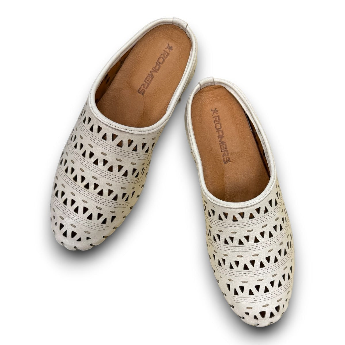 Roamers Verity mink leather slip-on sandal with breathable perforated cutouts and rubber outsole.
photo of the top side