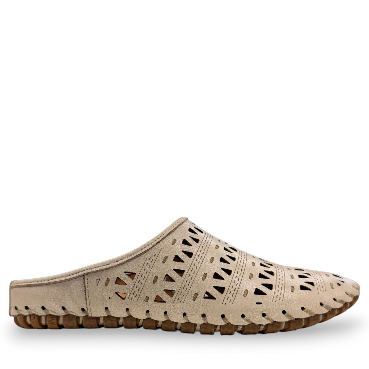 Roamers Verity mink leather slip-on sandal with breathable perforated cutouts and rubber outsole.
photo of the right side
