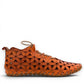 Roamers Venus ankle shoes in sun burn orange leather with decorative floral cutouts and elastic lacing.
photo of the right side