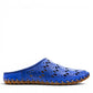 Roamers Verity sax blue leather slip-on sandal with breathable perforated cutouts and a rubber outsole.
photo of the right side