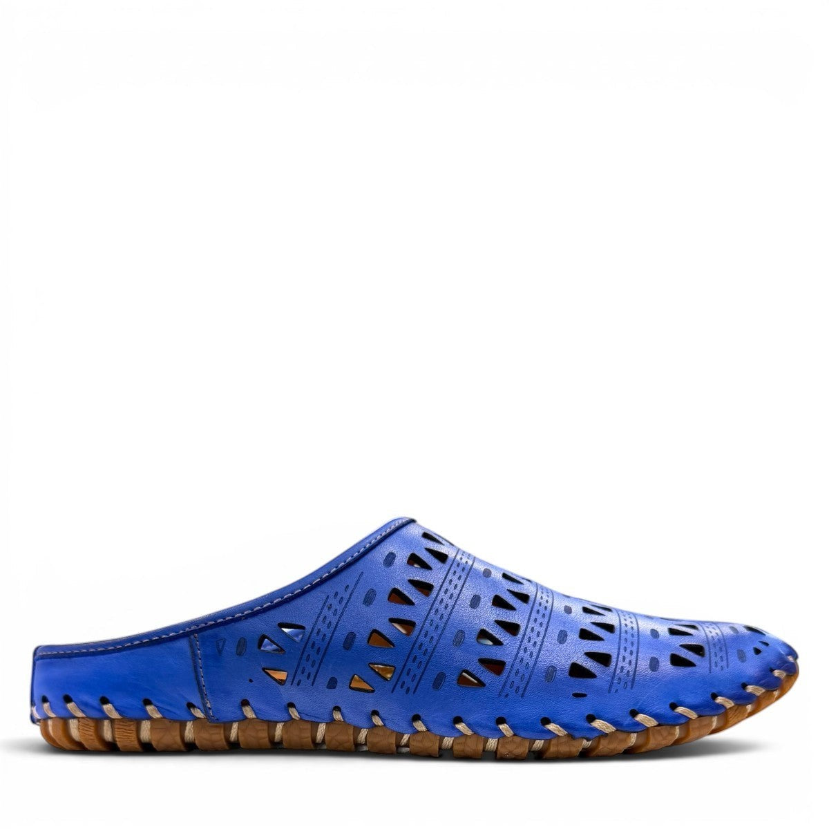 Roamers Verity sax blue leather slip-on sandal with breathable perforated cutouts and a rubber outsole.
photo of the right side