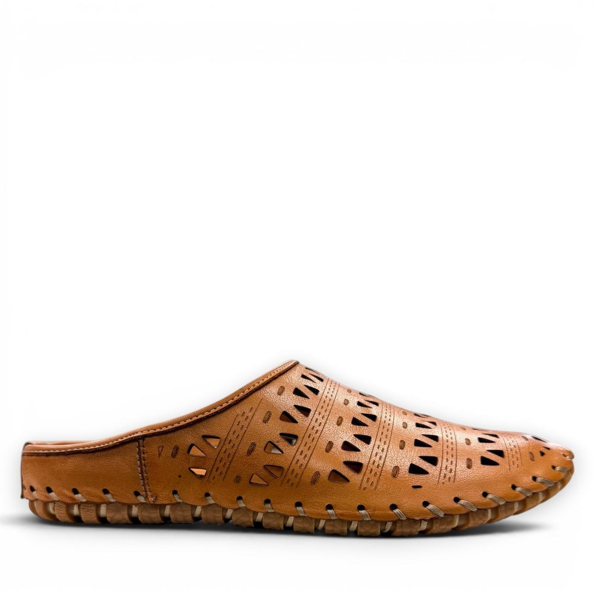 tan leather backless slip-on sandal with breathable perforated cutouts and a durable rubber outsole.
photo of the
