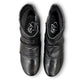 Ros Hommerson Esme black leather ankle bootie with ruched vamp detailing and a low stacked heel.
photo of the top side