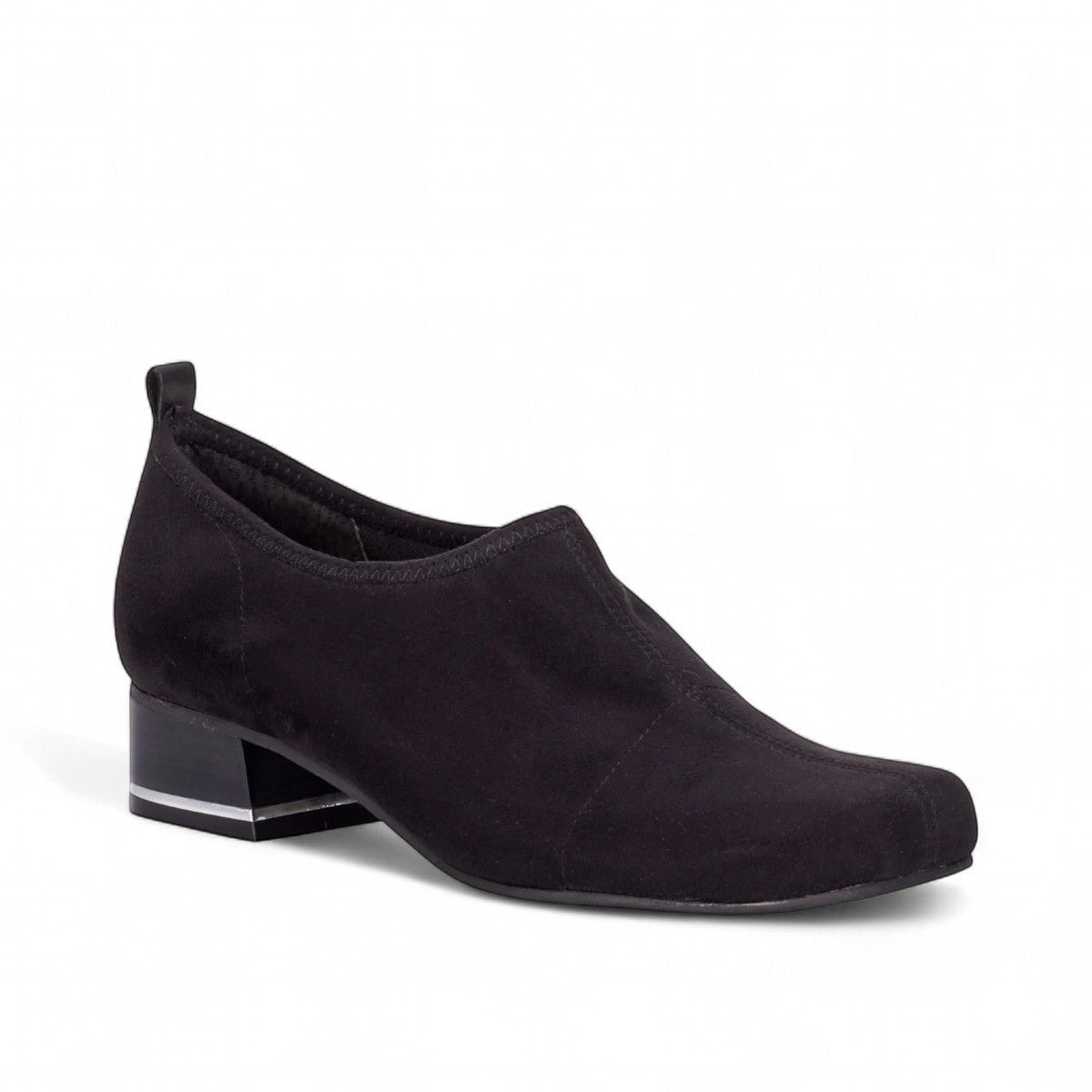 Ros Hommerson Esther black stretch suede shoe with a squared toe and low block heel.
photo of the front side