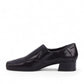 Ros Hommerson Eagan black patent lizard print leather loafer pump with a squared toe and low block heel. photo of the left side