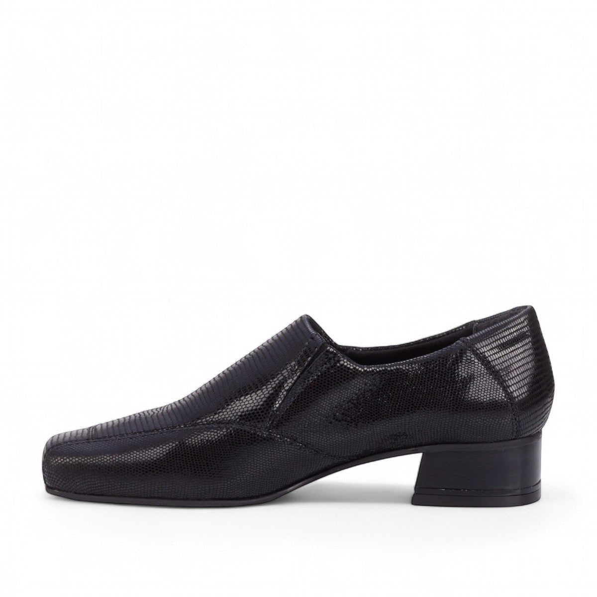Ros Hommerson Eagan black patent lizard print leather loafer pump with a squared toe and low block heel. photo of the left side