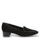 Ros Hommerson Honey black suede loafer with patent leather piping and a low crescent heel.
photo of the right side