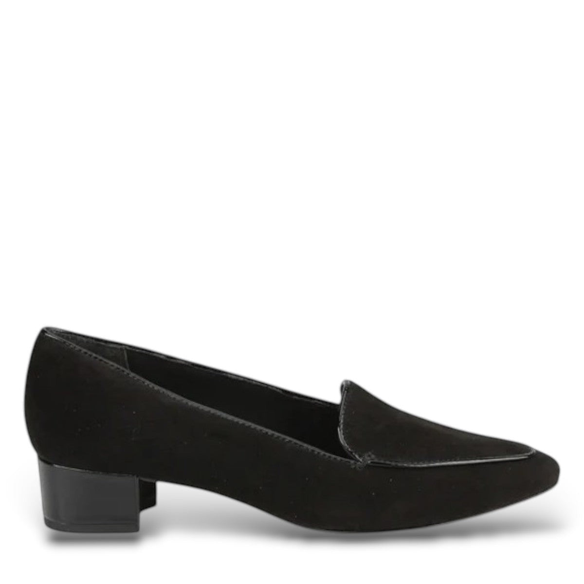 Ros Hommerson Honey black suede loafer with patent leather piping and a low crescent heel.
photo of the right side