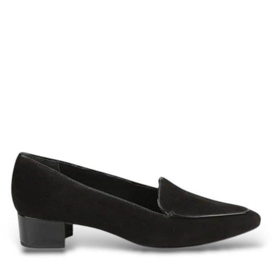 Ros Hommerson Honey black suede loafer with patent leather piping and a low crescent heel.
photo of the right side