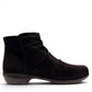 Ros Hommerson Esme black suede ankle bootie with ruched vamp .
photo of the