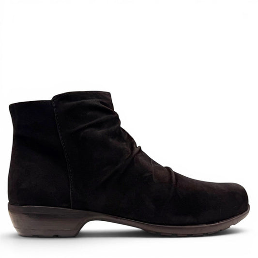 Ros Hommerson Esme black suede ankle bootie with ruched vamp .
photo of the