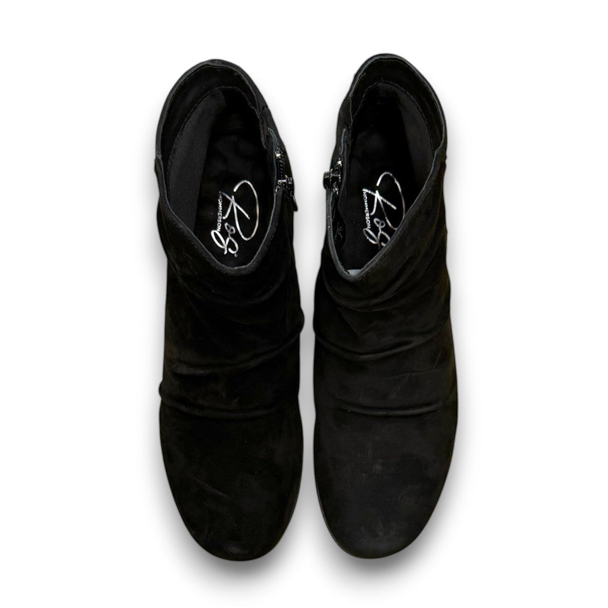 Ros Hommerson Esme black suede ankle bootie with ruched vamp .
photo of the top side