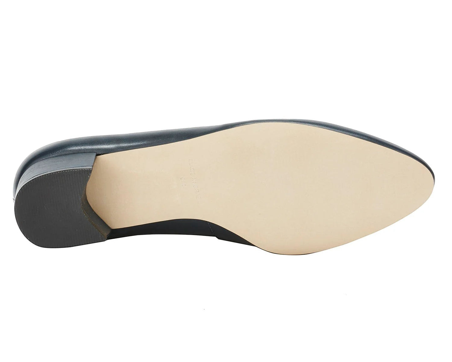Ros Hommerson Heidi II navy leather pump with a comfortable crescent heel and almond toe.
photo of the bottom side