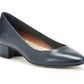Ros Hommerson Heidi II navy leather pump with a comfortable crescent heel and almond toe.
photo of the front side