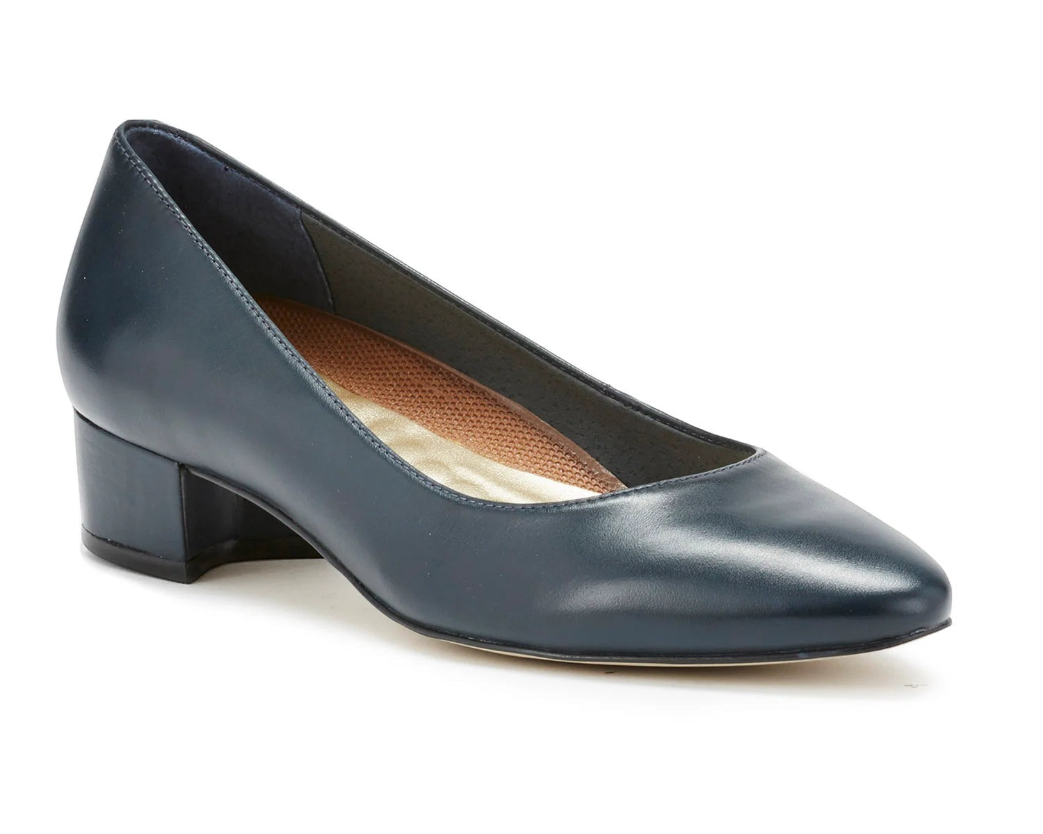 Ros Hommerson Heidi II navy leather pump with a comfortable crescent heel and almond toe.
photo of the front side