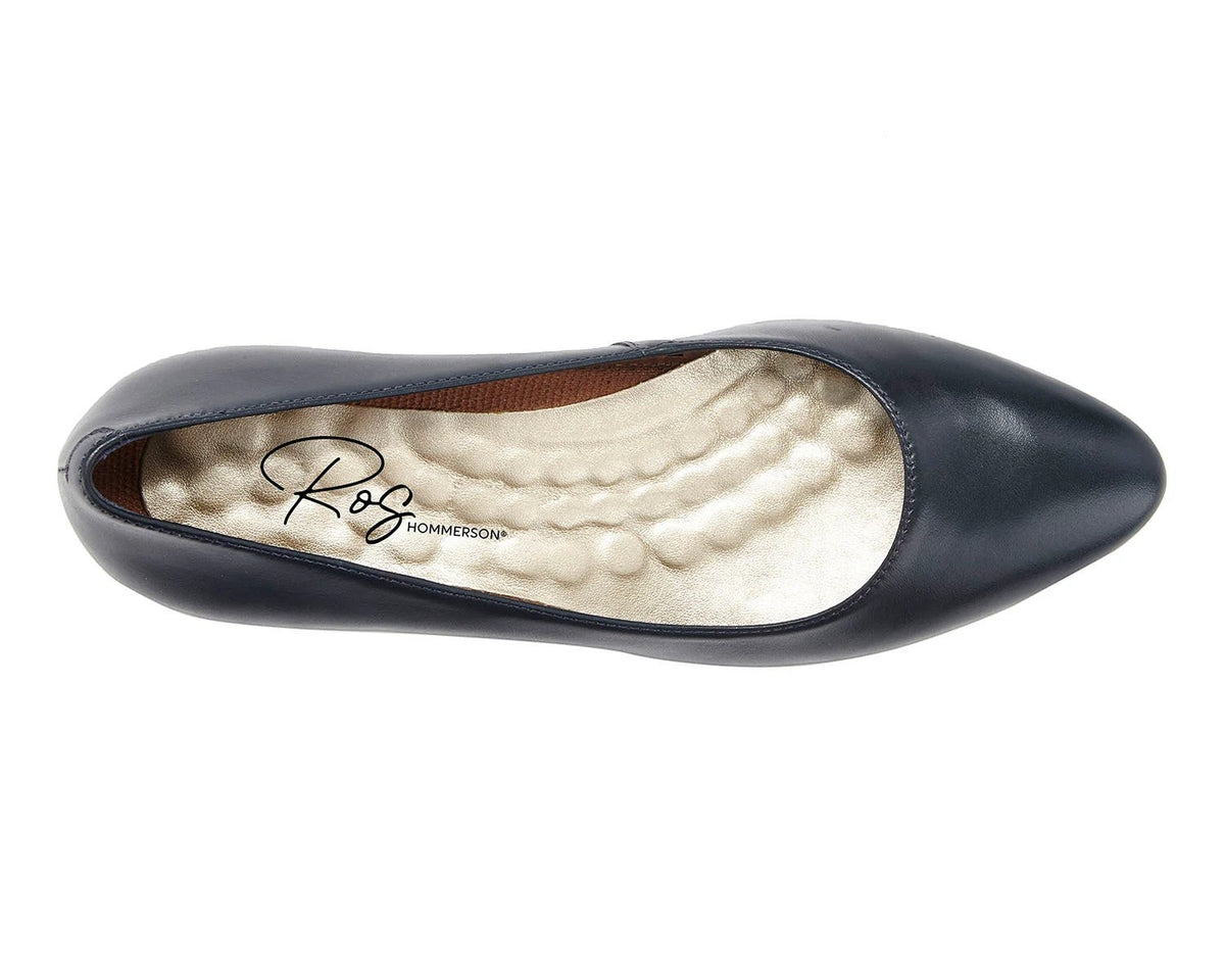 Ros Hommerson Heidi II navy leather pump with a comfortable crescent heel and almond toe.
photo of the top side