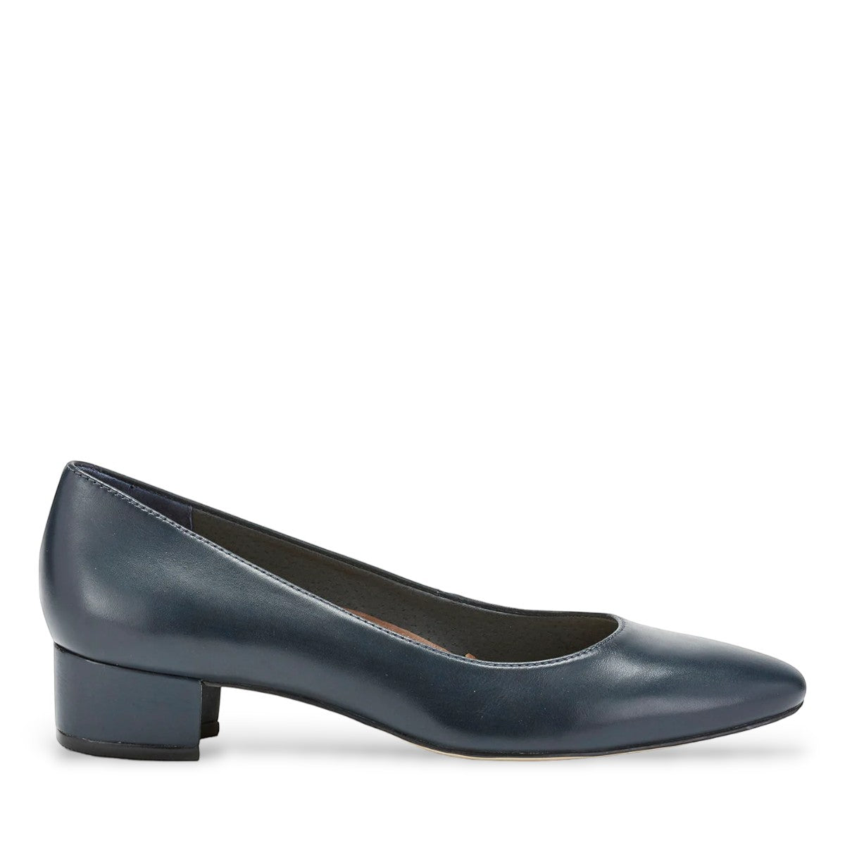 Ros Hommerson Heidi II navy leather pump with a comfortable crescent heel and almond toe.
photo of the
