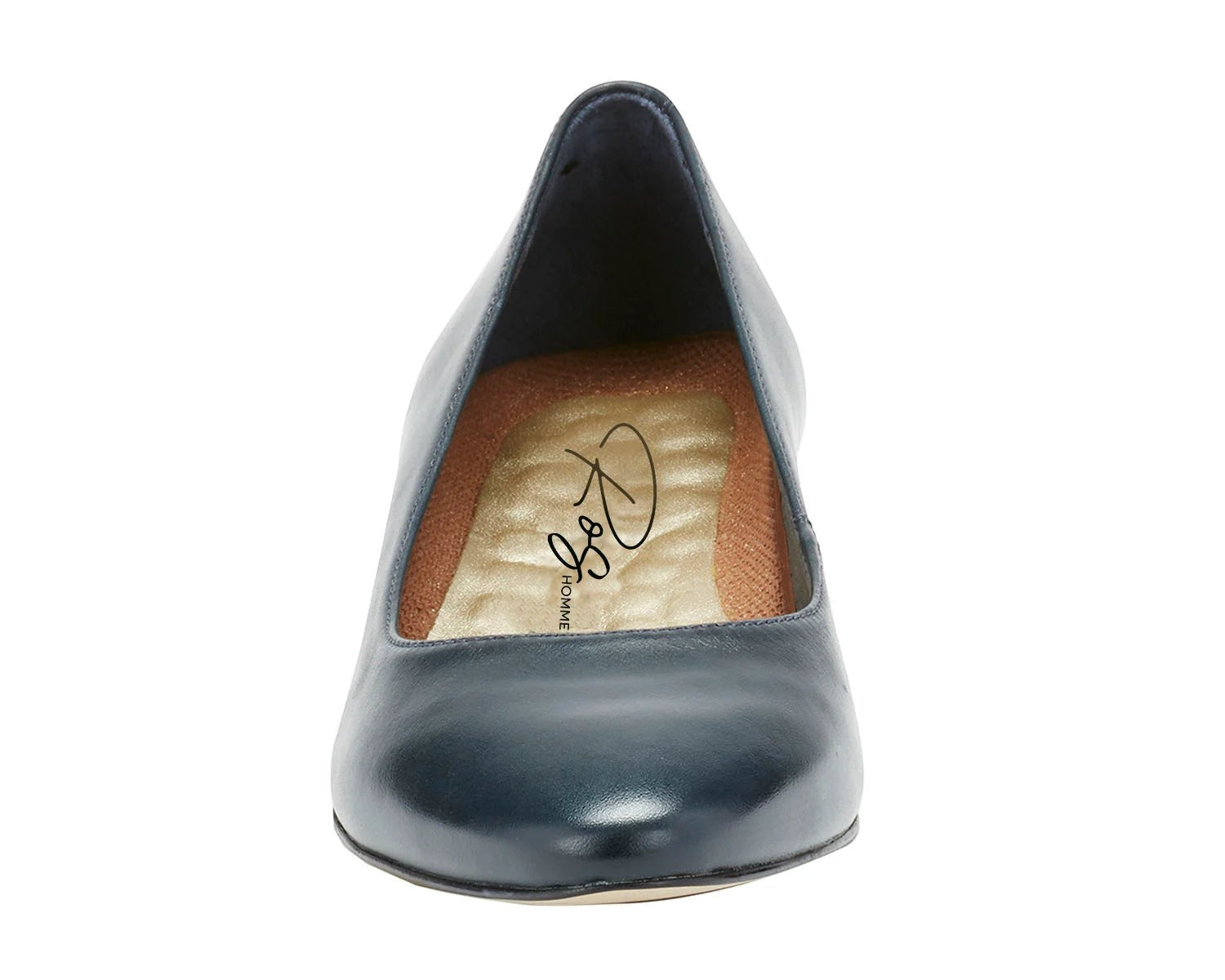 Ros Hommerson Heidi II navy leather pump with a comfortable crescent heel and almond toe.
photo of the front side