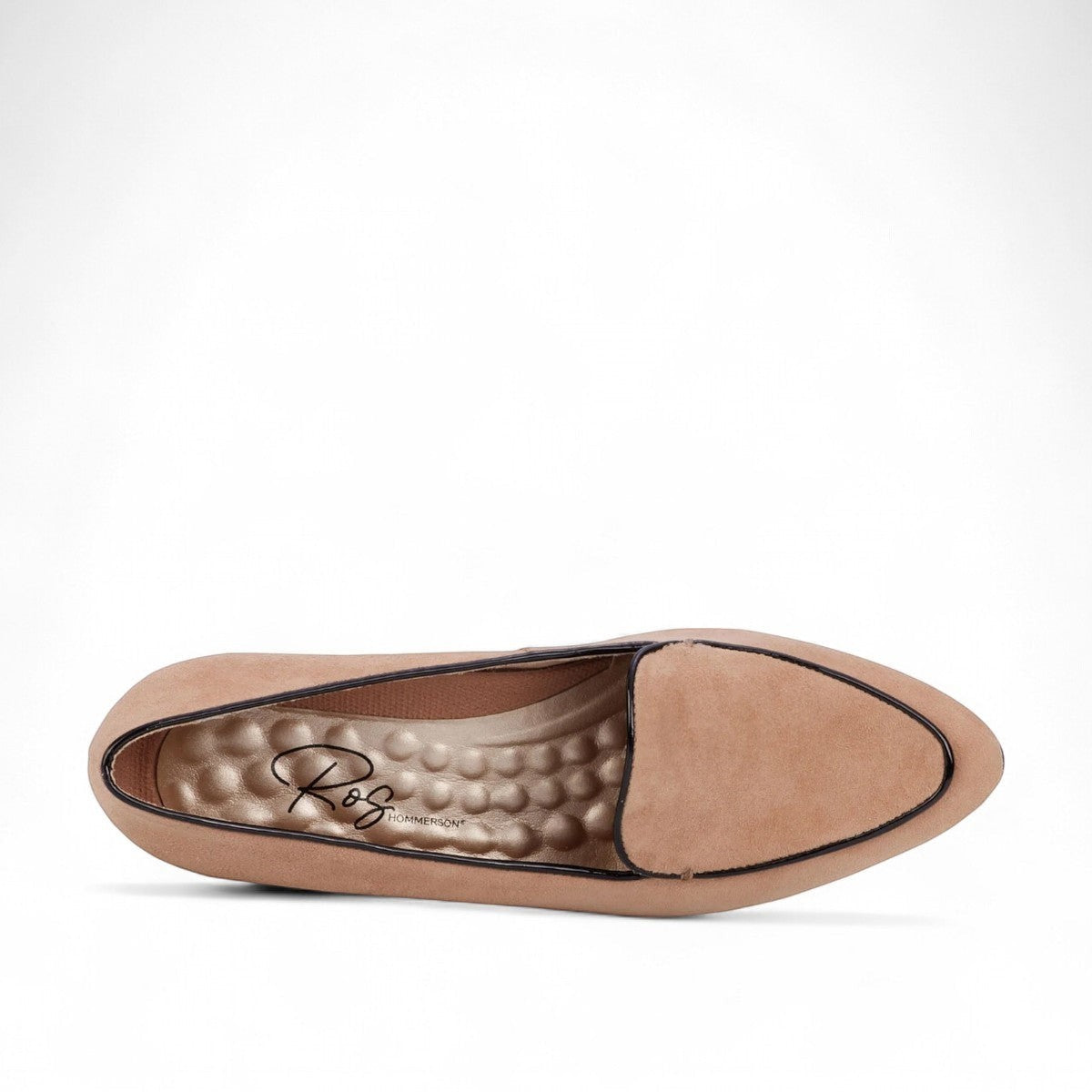 Ros Hommerson Evie black shiny tumbled leather loafer with square toe, chain detail, and block heel.
photo of the top side