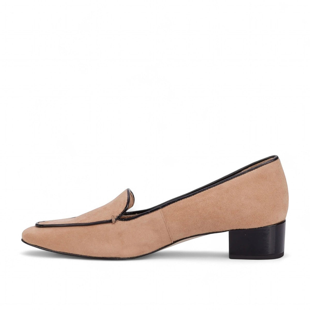 Ros Hommerson Evie black shiny tumbled leather loafer with square toe, chain detail, and block heel.
photo of the left side