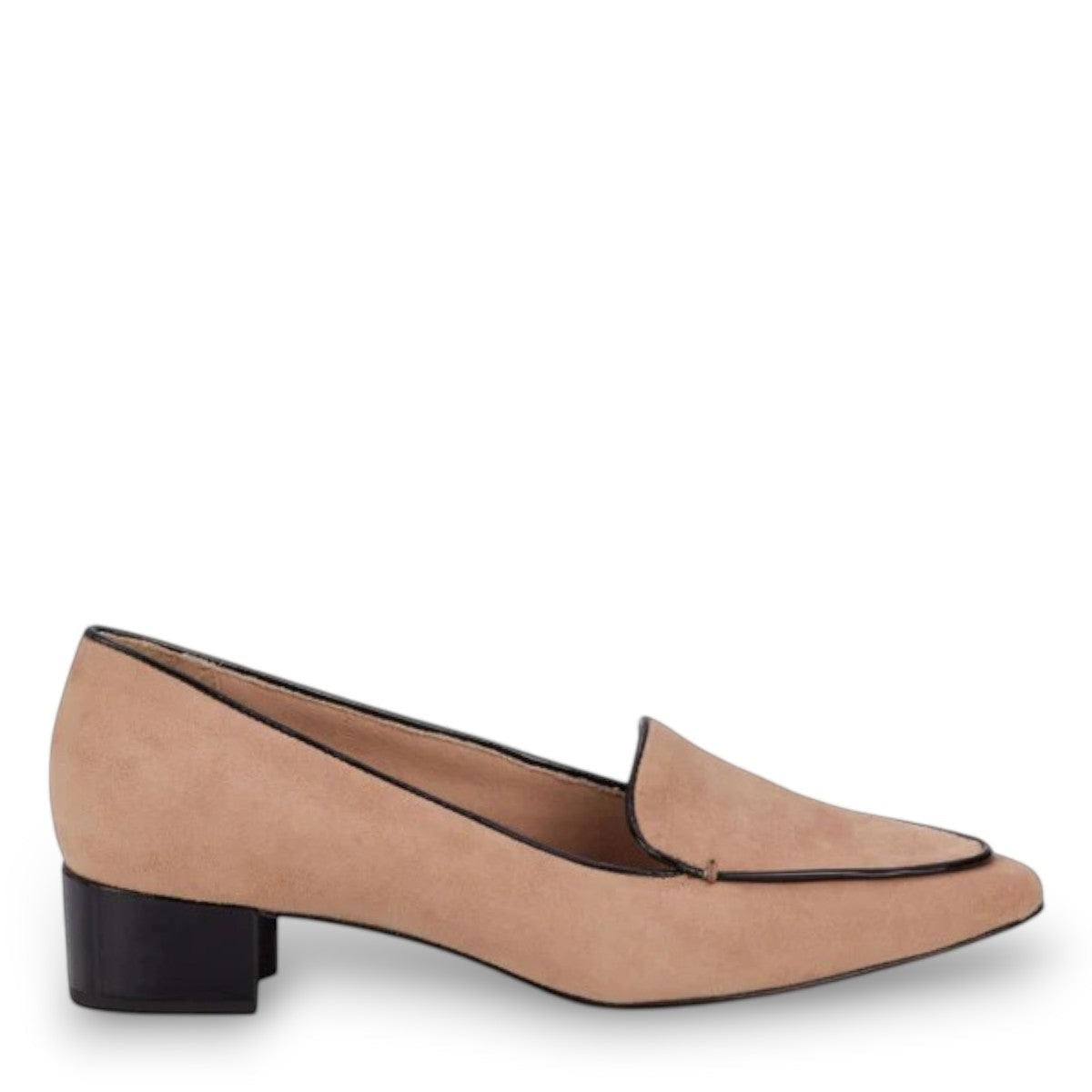 Ros Hommerson Honey nude suede pump with black patent leather piping and a low crescent heel.
photo of the