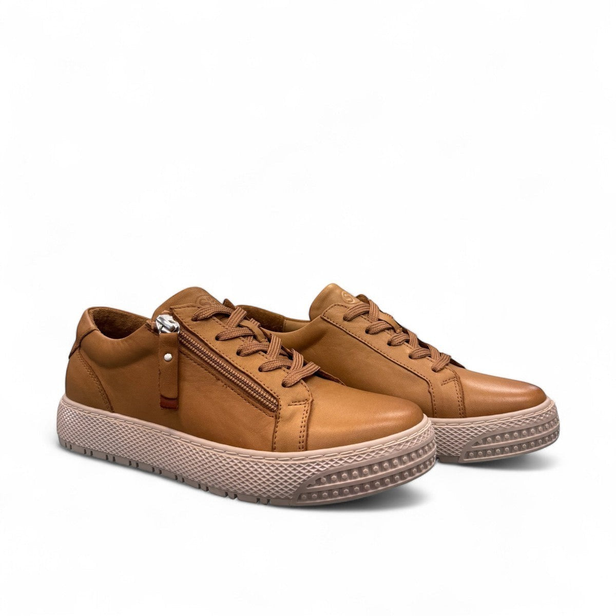SAFE STEP 25491 LION tan leather sneaker with side zipper, elastic laces, and textured synthetic sole.