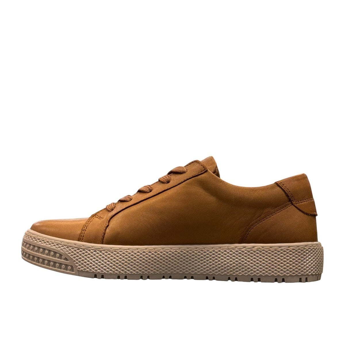 SAFE STEP 25491 LION tan leather sneaker with side zipper, elastic laces, and textured synthetic sole.