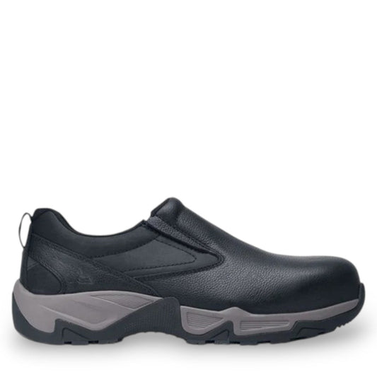SHOES FOR CREW BADLAND HIKER - BLACK leather slip-on work shoe with safety toe, cushioned midsole, and slip-resistant outsole. right view.