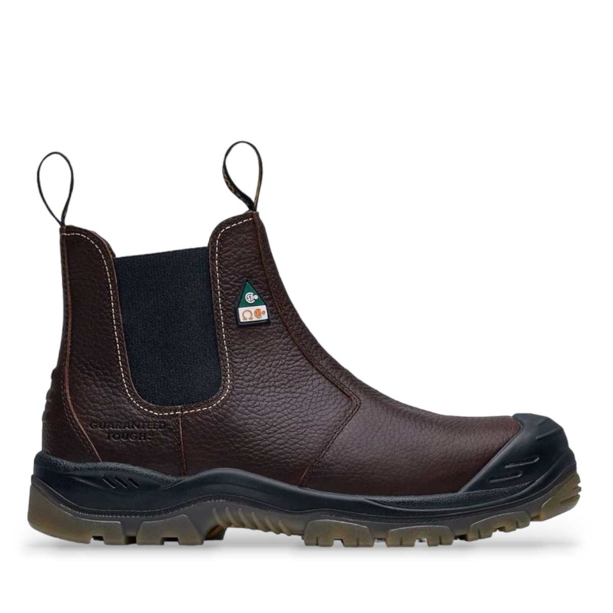 SHOES FOR CREW NITROGEN - BROWNbrown leather slip-on work boot with steel toe, side gore, and slip-resistant outsole. right view.