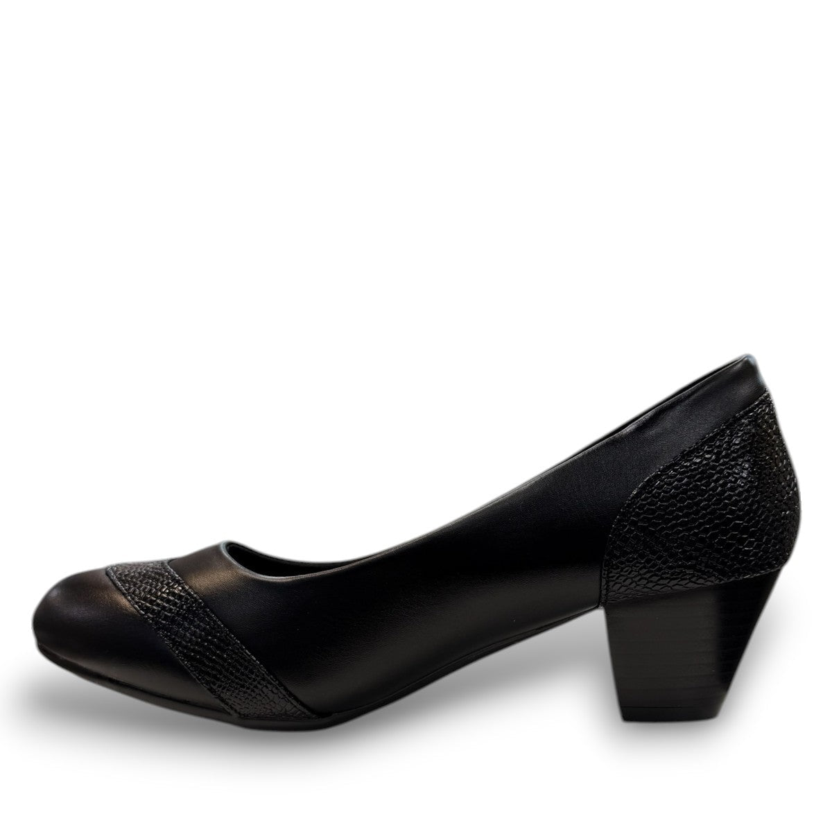 SOLE FLEX S5426 black dress pump with textured heel and toe accents for semi-formal wear.
photo of the  left side