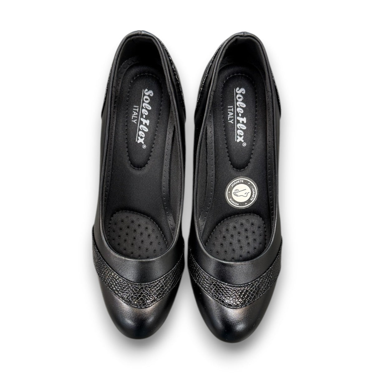 SOLE FLEX S5426 black dress pump with textured heel and toe accents for semi-formal wear.
photo of the  top side