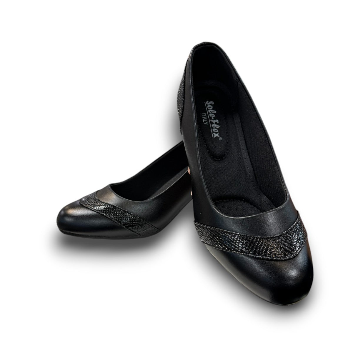 SOLE FLEX S5426 black dress pump with textured heel and toe accents for semi-formal wear.
photo of the top side