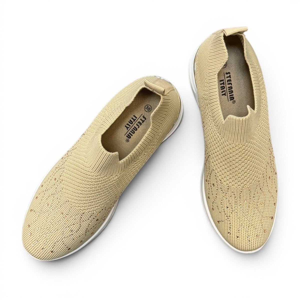 STEFANIA S4000 beige stretch-knit platform sneakers with slip-on design, cushioned sole, and subtle shimmer details.
photo of the top side