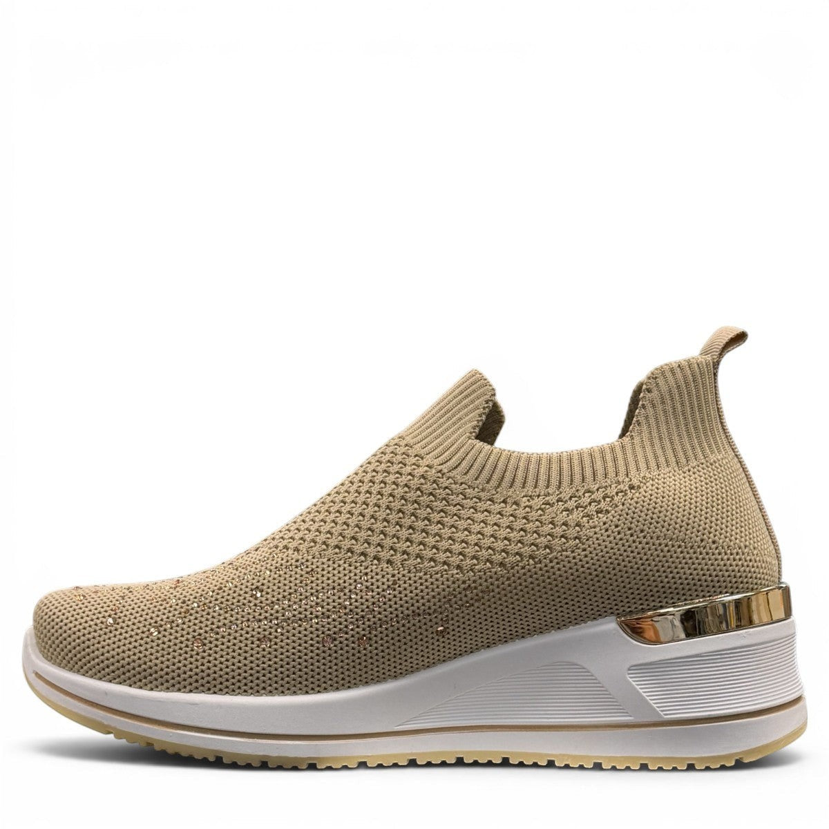 STEFANIA S4000 beige stretch-knit platform sneakers with slip-on design, cushioned sole, and subtle shimmer details.
photo of the left side