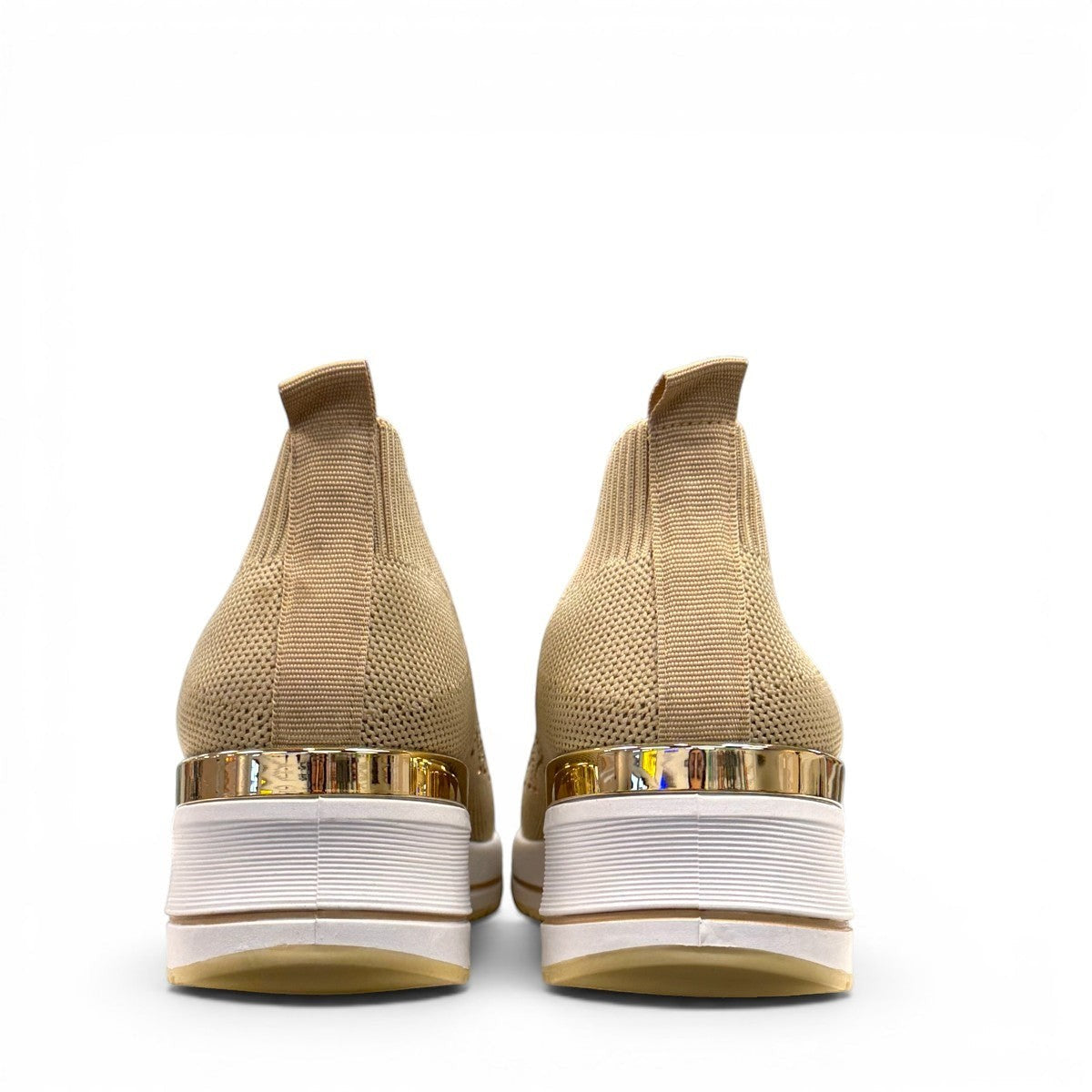 STEFANIA S4000 beige stretch-knit platform sneakers with slip-on design, cushioned sole, and subtle shimmer details.
photo of the back side