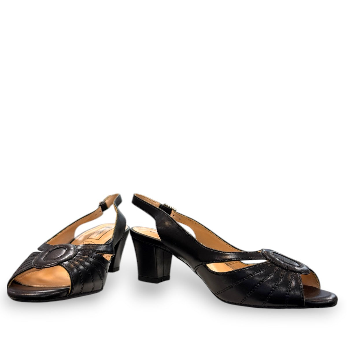 Sabatini of Florence SF12 black leather slingback heel with peep toe and stitched detailing.
photo of the front side