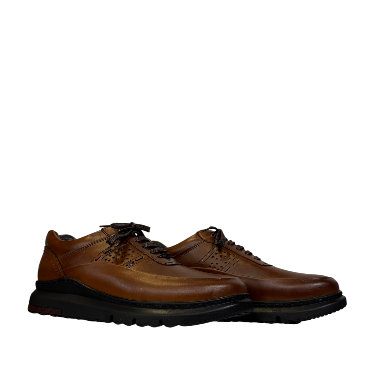 Satel Abgineh brown leather lace-up shoe with perforated detail and a durable black rubber outsole. Photo of side views.